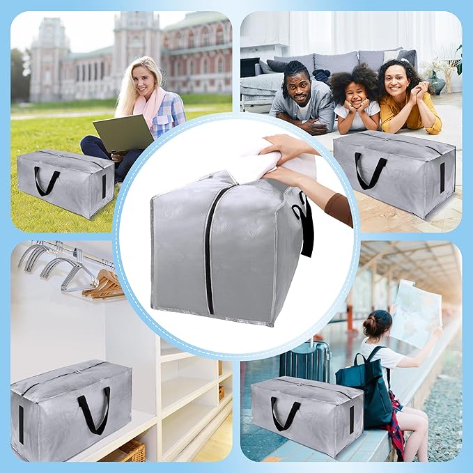 4 Pack Large Strong Bags with Zippers & Carrying Handles - Water-Resistant - Heavy Duty Storage Tote for Space Saving Storage, Fold Flat, Alternative to Moving Box (Silver)