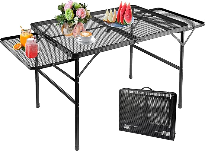 Folding Family Camping Table with 2 Wing Panels, Metal Grill Table with Mesh Tabletop, 2 Adjustable Heights, Large Picnic & Outdoor Table, 2 Side Shelves, Lightweight (4.4 FT, Black)