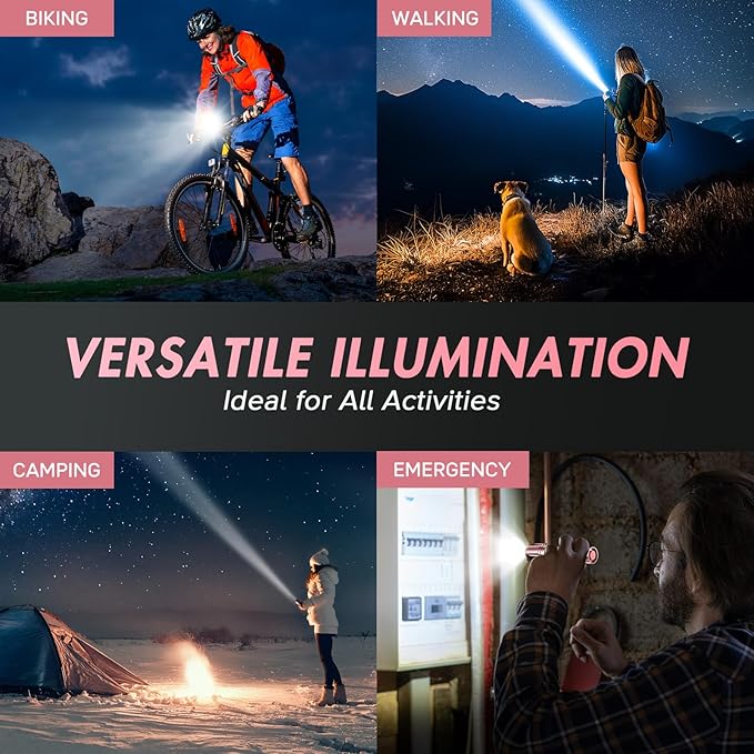 WdtPro LED Flashlight High Lumens SR2000 Pro, 2 Pack Brighter Tactical Flashlights with 5 Modes & Zoomable, Powerful Mini Flash Light for Emergency, Camping, Hiking (Pink)