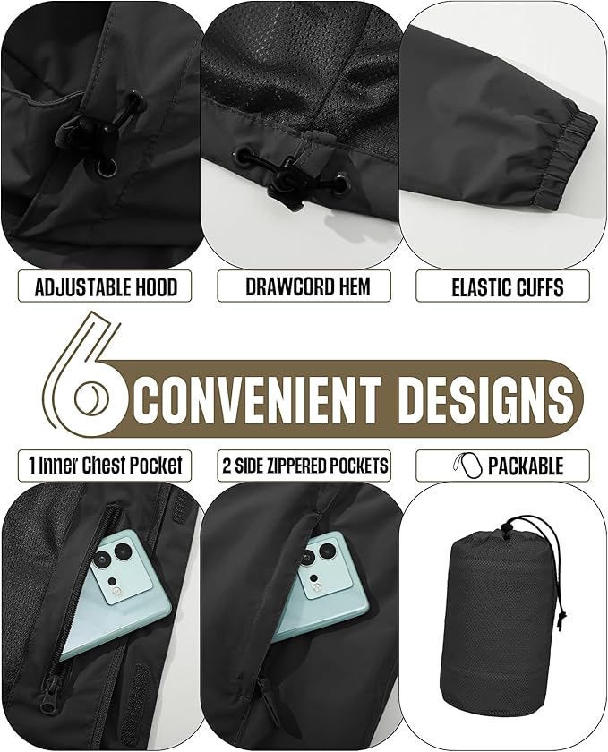 33,000ft Men's Packable Rain Jacket Waterproof Lightweight Raincoat Rain Shell with Hood for Outdoor Hiking Golf Travel