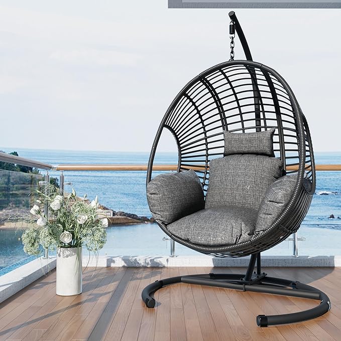 Oversized Hanging Egg Chair Outdoor Indoor, Wicker Swing Egg Chair with Stand 400lbs Capacity for Bedroom, Patio, Garden and Balcony (Black-Regular, Oversize)