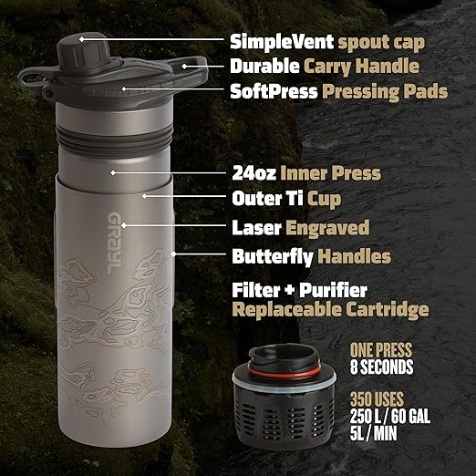 GRAYL GeoPress Titanium 24 oz Water Purifier Bottle with Cooking Lid - Filter for Hiking, Camping, Survival, Travel (Covert Black)