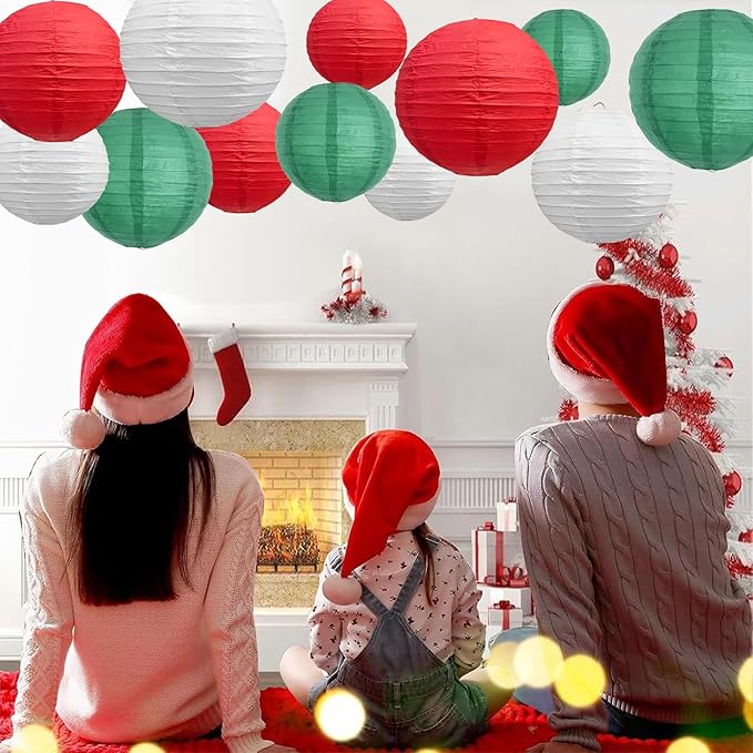 BEISHIDA 12Pcs Red Green White Paper Lanterns Decorative Hanging Round Paper Lanterns Lamp for Christmas,Birthday, Wedding,Bridal,Home Decor,Outdoor Decoration,Party Decoration