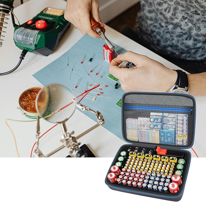 Battery Organizer Storage Holder Case Box with Tester Checker BT-168. Holds 136+ Batteries AA AAA C D Cell 9V 3V Lithium (Blue)