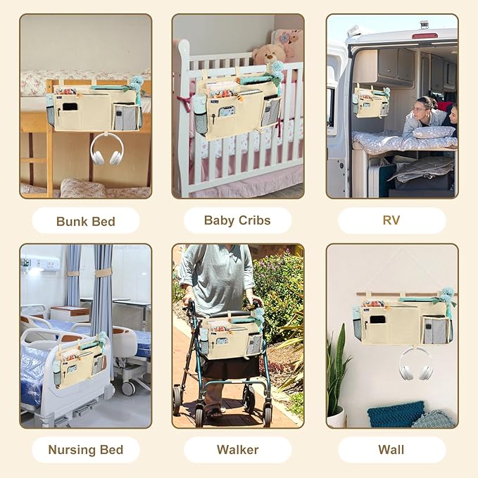 Surblue Bedside Caddy Hanging Organizer Storage Bag Pocket for Bunk, Hospital, College Dorm Rooms, Baby Bed Rails, Camp - 8 Pockets, Large, Beige