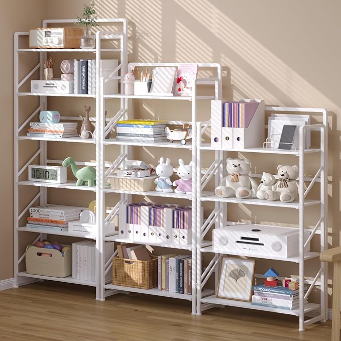 JSB No Assembly Folding Bookshelf, 5 Tier Industrial Metal Book Shelf for Storage, Vintage Wood Foldable Bookcase for Living Room, Bedroom, Office Organization Shelves