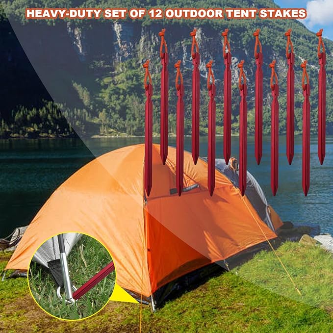 12 Pack Tent Stakes, 7075 Ground Metal Camping Aluminum Tent Pegs, Lightweight Tent Stakes Heavy Duty Spikes Camping Accessories