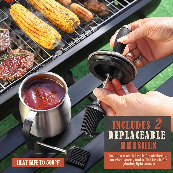32 OUNCE Basting Pot with Replaceable Brushes,Grilling Gifts for Men&Dad,Stainless Steel 304 Barbecue Sauce Holder Brush Set,Airtight Melting Pot BBQ Sauce Container for Outdoor Grill,Butter Melting