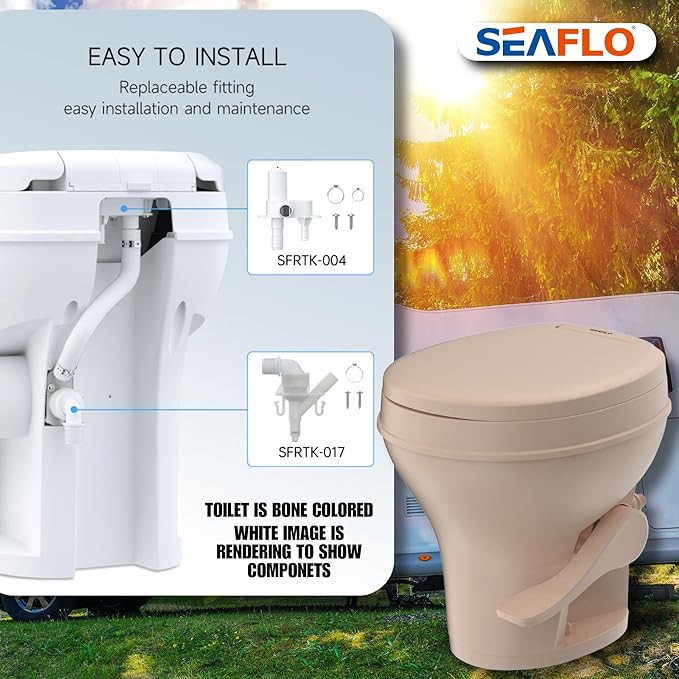 SEAFLO Residential Height Camper/RV Toilet, 18.5” Standard Height, Gravity Flush System, Foot Pedal Operation, Soft Close Seat, Easy-to-Clean Oversized Bowl, 4-Year Warranty (Bone Color)