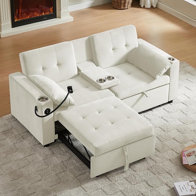 70" Queen Size Sofa Bed for Living Room – Pull-Out Sleeper Sofa Couch with Cup Holder, Phone Holder, USB Charging Port, Solid Wood Frame, Easy Assembly, Space-Saving Design for Small Apartments