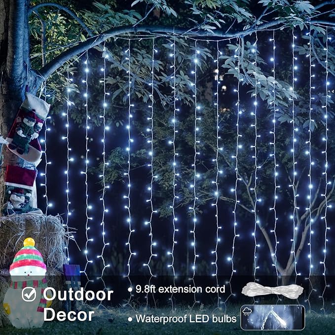 JMEXSUSS 300 LED 9.8x9.8Ft Curtain Lights Indoor with Remote, White Christmas Lights Plug in, 8 Modes White String Lights for Bedroom Wall Wedding Reception Dorm Party Backdrop Window Outdoor Decor