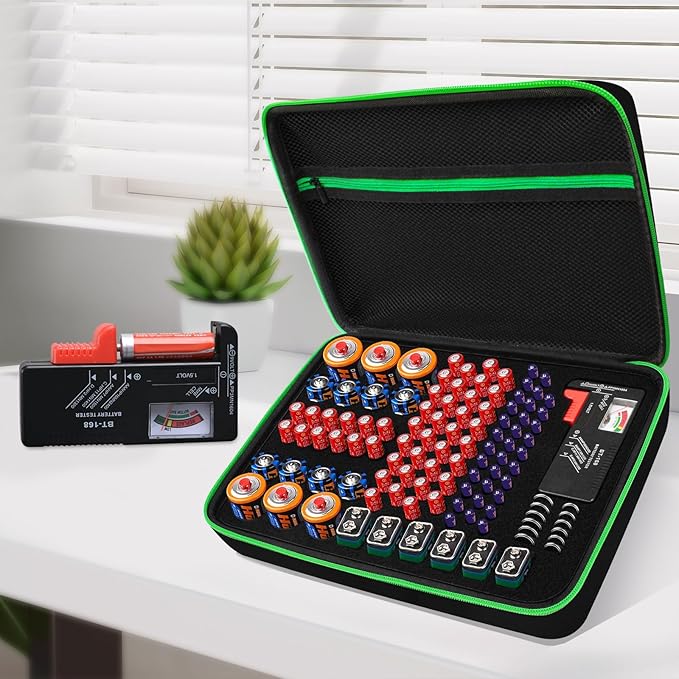 Battery Organizer Storage Case with Tester for AA AAA C D 9V Battery Holder 7 Batteries Variety Pack 111 Batteries Mesh Bag (Batteries Not Included) (Black-Green)