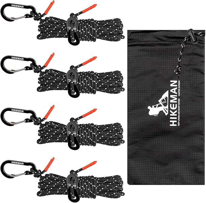 HIKEMAN Reflective Tent Rope Guyline - 4M Camping Guide Ropes,3mm Tent Guy Ropes Cord with Aluminum Tensioners Adjuster for Outdoor Camping Hiking Caravan Awning Tents (Black, 3mm)