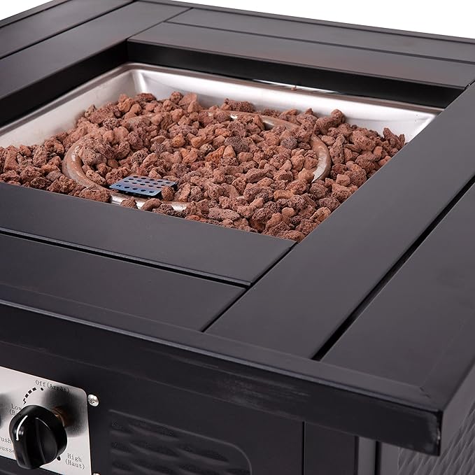 EMMA + OLIVER Calder Fire Table - Black Steel Base - Wicker Detailing - Stainless Steel Top - Removable Lid - Includes Lava Rocks - Hideaway Tank Holder