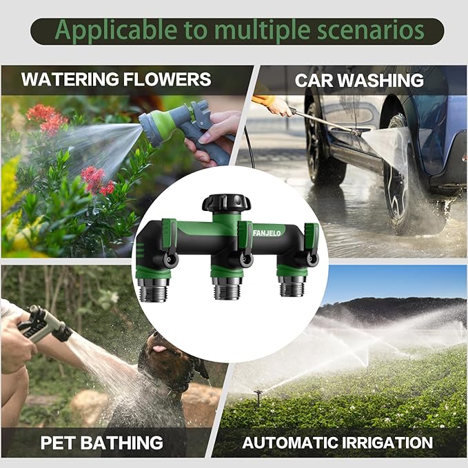 3 Way Hose Splitter, Heavy Duty Garden Water Hose Bib Spigot Splitter, Outdoor Faucet Splitter with Shutoff Valve, Garden Hoses Connector for T Adapter, 3/4 - Inch GHT Thread (Green)