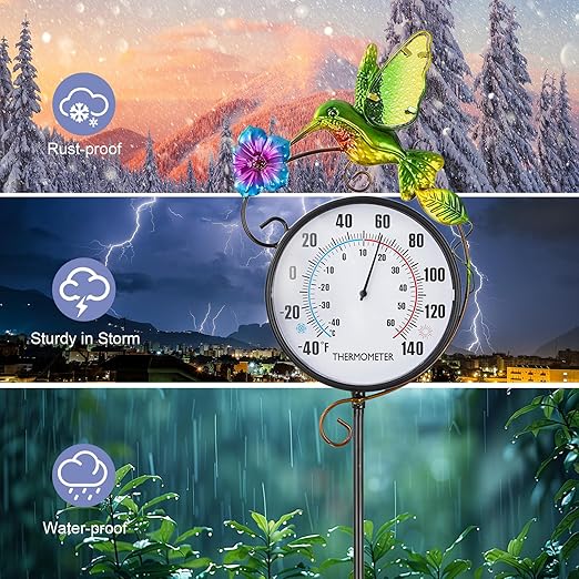 Hummingbird Indoor Outdoor Thermometer, Large Digital Metal Garden Stake Outside Thermometer Waterproof Decorative for Patio, Lawn, Room, No Battery Required