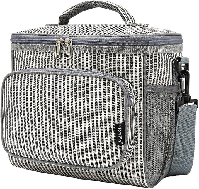 FlowFly Insulated Reusable Lunch Bag Adult Large Lunch Box for Women and Men with Adjustable Shoulder Strap,Front Zipper Pocket and Dual Large Mesh Side Pockets,Stripes