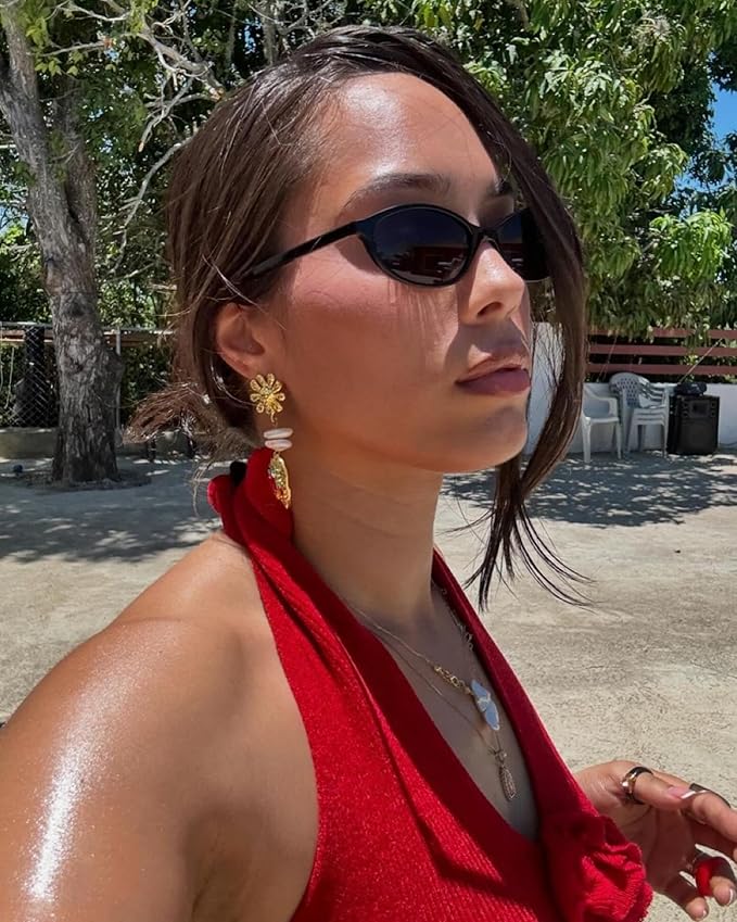 Retro Oval Sunglasses for Women Chic Cat Eye 90s Sunnies Lightweight Narrow Shades Trendy UV protection Sun Glasses