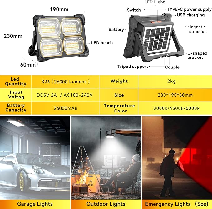 300W Led Work Light Rechargeable,26000MAh Solar Portable Light, 26000LM Magnetic Work Lights, 326 Led Battery Work Lights with Stand 5 Lights Modes IP66 Waterproof for Outdoor Camping Car Repairing