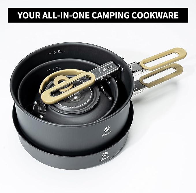 Alocs Portable Camping Cookware - Upgraded Handle, Non-Stick Camping Pan Set for Outdoor Kitchen, Picnic, Hiking and Fishing