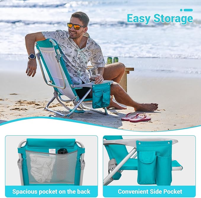 #WEJOY Folding Beach Chair for Adults, 4-Position Aluminum Lightweight Beach Chair, Low Sands Chairs with Shoulder Strap, Cup Holder and Padded Headrest, Supports 265lbs for Lawn