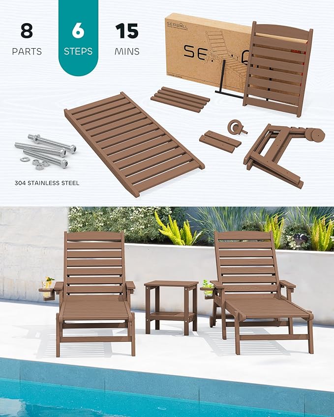 SERWALL Patio Chaise Lounge Chair Set of 2, 78'' Long HDPE Outdoor Lounge Chair, 5 Positions Adjustable Poly Lounge Chair with Rolling Wheels & Cup Holder for Pool, Brown