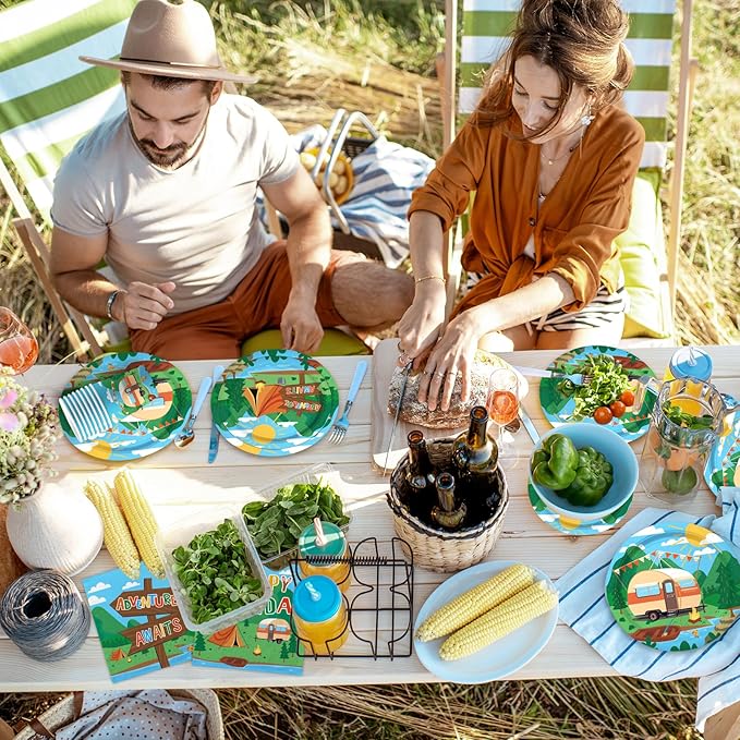 Happy Camper Birthday & Camping Party Decorations Set - Serves 25 with Disposable Plates, Cups, Napkins, Tablecloth & Banner, 1st Birthday, Camping Themed Events & Wedding Parties