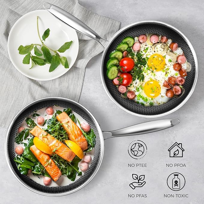 10.5 inch Frying Pan Nonstick with Lid, 2.5 Qt Deep Non Stick Stainless Steel Sauté Pan Skillet, Dishwasher and Oven Safe, Compatible with All Cooktops