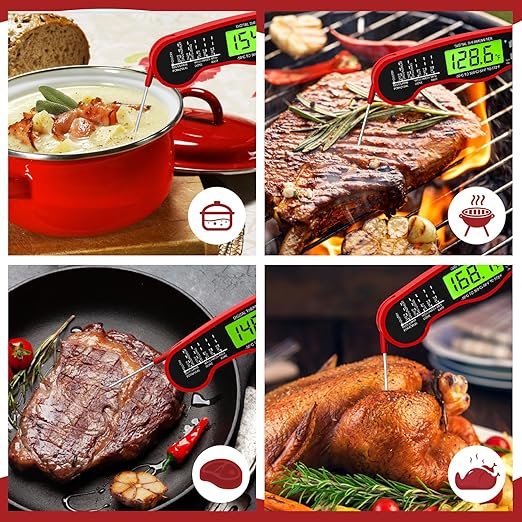 AWLKIM® Meat Thermometer Digital - Instant Read Waterproof Food Thermometer with Backlight for Cooking, Grill, Candy, Kitchen & Stocking Stuffers for Men - Red