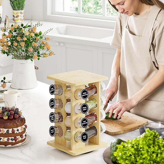 WelFurGeer Bamboo Spice Rack Organizer for Countertop, Revolving Spice Shelf with 16 Glass Jars, Lids & Labels, Desktop Rotating Seasoning Organizer for Kitchens, Space-Saving Design
