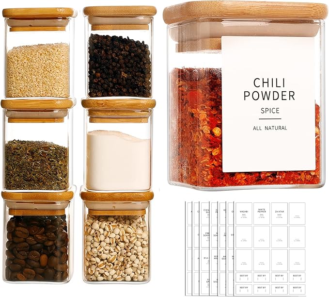 12 Pcs Square Glass Spice Jars with Natural Bamboo Lids - 5oz Airtight Herb Containers with 148 Waterproof Minimalist Spice Labels Preprinted - Empty Small Seasoning Jars for Kitchen Pantry