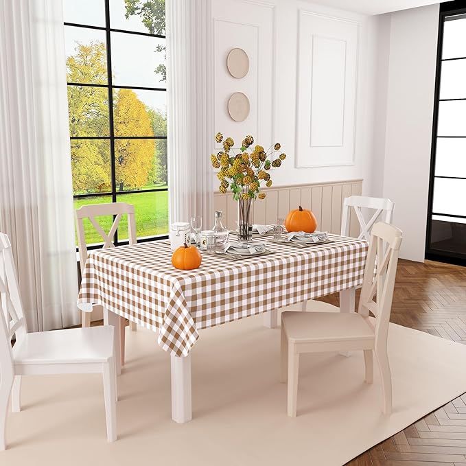 misaya Rectangle Waterproof Vinyl Table Cloth, Buffalo Flannel Backed Tablecloth, Wipeable Plastic Table Cover for Dinner, Kitchen, Outdoor (60" x 144", Brown and White)