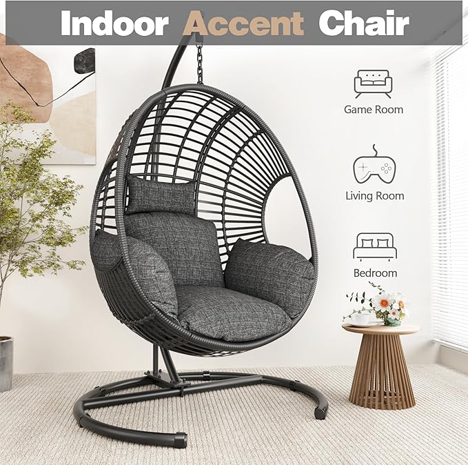 Oversized Hanging Egg Chair Outdoor Wicker Swing Chair with Stand Rain Cover UV Resistant Cushion 400lbs Capacity for Patio, Garden and Balcony