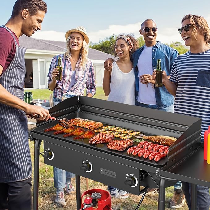 ROVSUN 3 Burner Gas Stove with 2 Side Shelves, 225,000BTU Portable Propane Stove with Removable Leg, Wind Panel, Regulator for Camping Home Backyard Outdoor Cooking Brewing Canning Turkey Frying