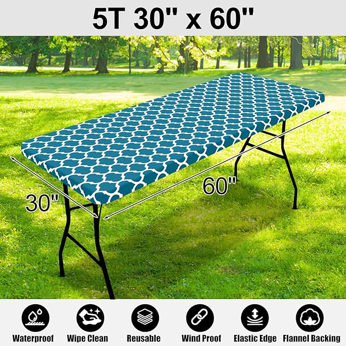 Smiry Rectangle Picnic Table Cover, Waterproof Elastic Fitted Camping Tablecloths for 5 Foot Tables, Wipeable Flannel Backed Vinyl Tablecloth Protector for Indoor, Outdoor (Turquoise, 30x60 Inches)