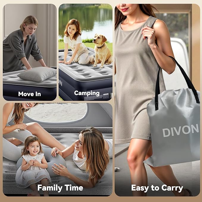 DIVON Queen Air Mattress with Built in Pump Raised, 2 Min Self Inflatable Mattress, 18’’ Blow up Mattress for Adults, 660 LBS Portable Air Bed for Guest, Camping, Travel & Floor, Dark Blue