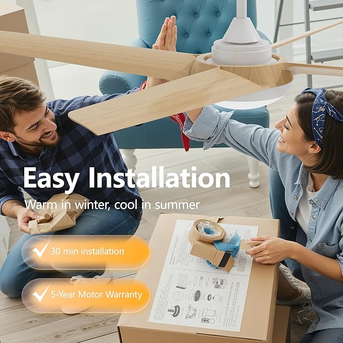 52 Inch Ceiling Fan with Light and Remote, 4 Blades, Quiet DC Motor, Reversible Fan with Dimmable LED Light, for Bedroom Living Room(Grain)