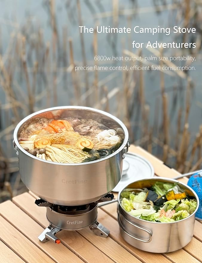 6800W Windproof Camping Stove with Adapters, Foldable Backpacking Triple Burner with Portable Case, Piezo Ignition, Compatible with Propane, Butane, and Isobutane for Hiking, Camp Cooking