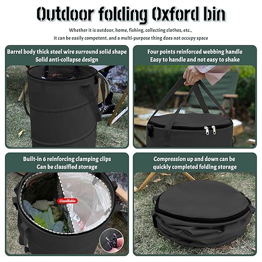 Pop up Camping Trash can with lid,Collapsible 24 Gallons Trash can with Sorting Clips,Garden Garbage Bag with Lid,Lawn and Leaf Bags - Reusable Yard Waste Bags (Black)