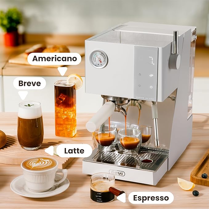 Gevi Espresso Machine with OPV, 20Bar Espresso Maker with Milk Frother Steam Wand, Dual Display, 58mm Portafilter, Stainless Steel Espresso Machines for Espresso/Latte/Cappuccino, White