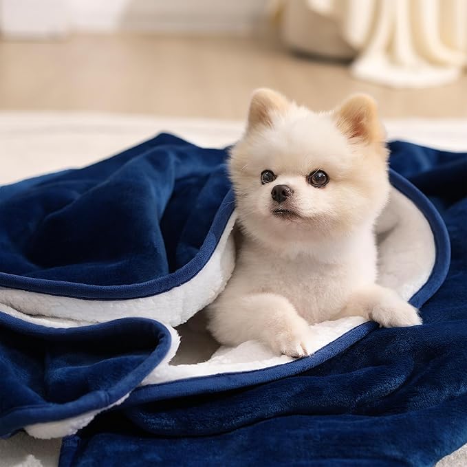 gogobunny Waterproof Bed Blanket, Reversible Sherpa Fleece Throw Blanket for Dog Puppy Cat, Furniture Cover Protects Bed Couch Sofa from Liquid Pee and Pet Fur (Navy Blue, 60x80 inches)