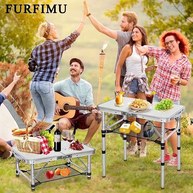 Small Folding Camping Table, Aluminum 3 Adjustable Height Foldable Table, 24" x 16" Portable Lightweight Picnic Table with Mesh Layer for Outdoor Indoor Beach Patio BBQ Backpacking(White)