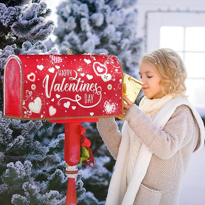Happy Valentine's Mailbox Covers Magnetic Standard Size 21x18 Inch Romantic Red Love Heart Decorative Letter Box Wraps Sweet Holiday Anniversary Mail Box Post Cover for Home Outdoor Garden Decor