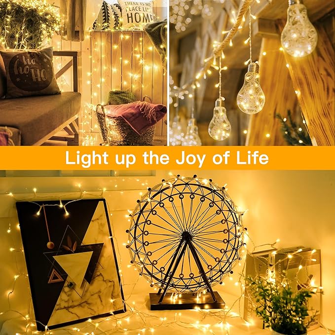 Ollny Christmas Lights Outdoor 200LED 60FT, Warm White Connectable Plug in Fairy Light Indoor, 8 Modes Waterproof Timer Plug in LED String Lights for House Outside Bedroom Patio Balcony