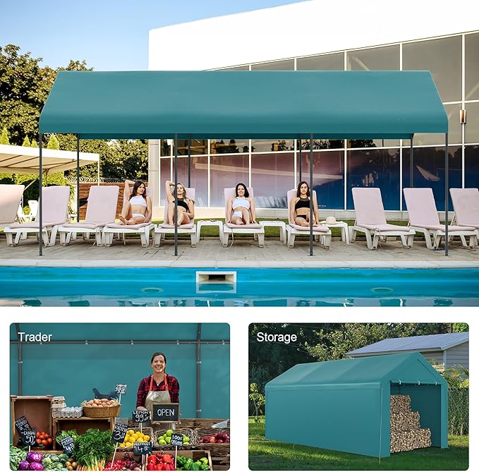Carport, 10‘ x 20’ Heavy Duty Portable Garage All-Season Car Canopy w/Removable Sidewall & Doors, Carport Canopy Party Tent w/Water-Resistant Tarp for Backyard (Green, 10‘ x 20’)
