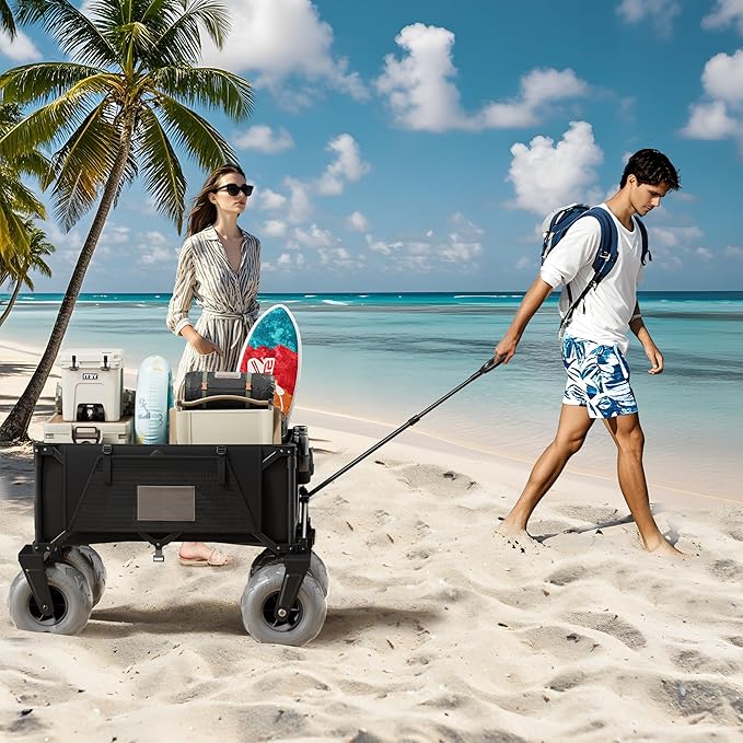 DXZ Beach Wagon Cart with Big Wheels for Sand – Folding Collapsible Wagon, Heavy Duty Wagons Carts Foldable for Beach, Camping, Outdoor Gear, Easy Setup Black Grey