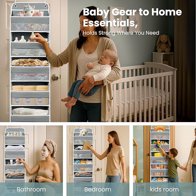 Over The Door Organizer with 8 Side Mesh Pockets, 44lb Weight Capacity Hanging Behind The Door Bathroom Organizers and Storage Suitable for Storing Toys, Shoes, Towels, Grey, 5 Shelf