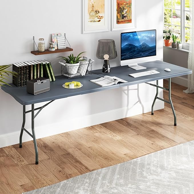 Goplus 8ft Plastic Folding Table, 350 LBS Outdoor Heavy Duty Folding Tables with HDPE Tabletop, Handle, Lock, Foldable Rectangle Portable Utility Card Table for Picnic, Party, Camping, Dining