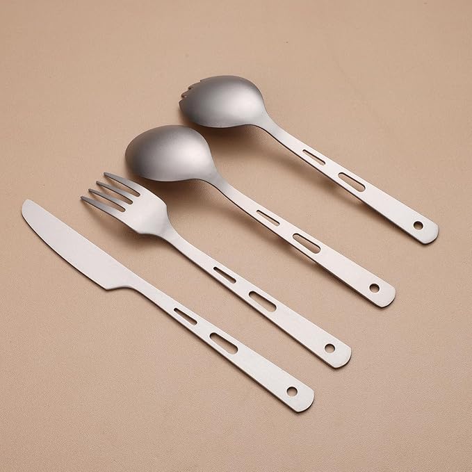 Titanium 4-Piece Silverware Set - Lightweight, Eco-Friendly Camping & Backpacking Cutlery (Knife, Fork, Spoon, Salad Spoon) with Carrying Bag for Outdoor Travel, Hiking & Picnic