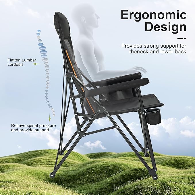 LET'S CAMP Oversized Camping Chairs 29.52" High Back Heavy Duty Lawn Chair Support 500LBS, Portable Collapsible Chair with Cup Holder, Side Pocket,2 Pack(Black)